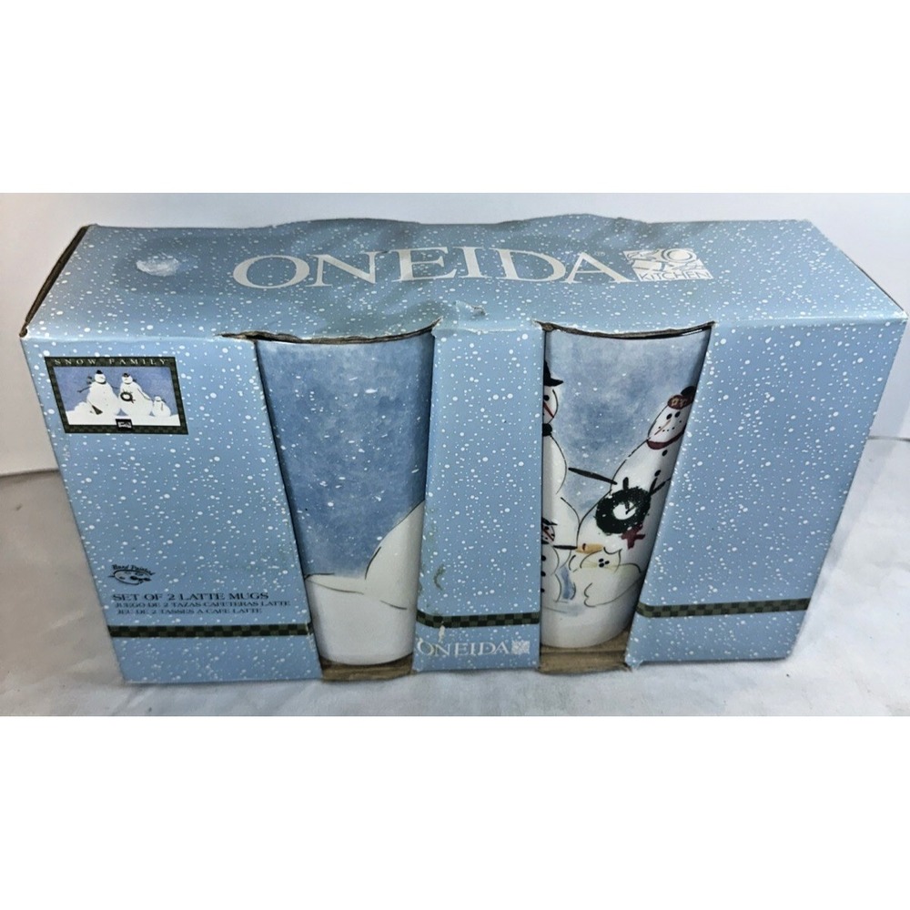 VTG Oneida Kitchen Snow Family Latte Mugs Set of 2 Hand Painted Christmas NIB